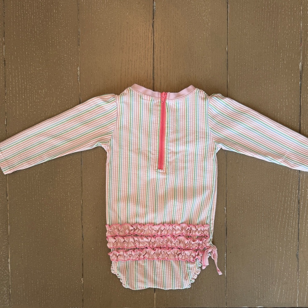 Ruffle Butts Girls’ Pink Pastel Seersucker Long-Sleeve Swimsuit • Size: 18-24M - Picture 9 of 10